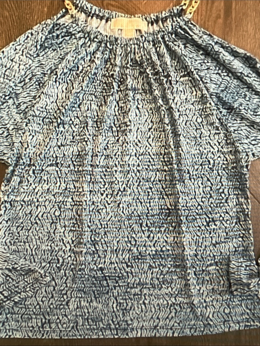 MICHAEL Michael Kors Blue and White Short Sleeve Knit Top with Chain Straps